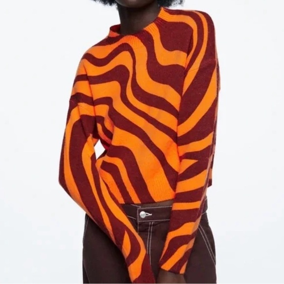 Zara Jacquard Knit Animal Print Sweater Jumper Sz S Blogger Favorite orange red - Picture 1 of 7
